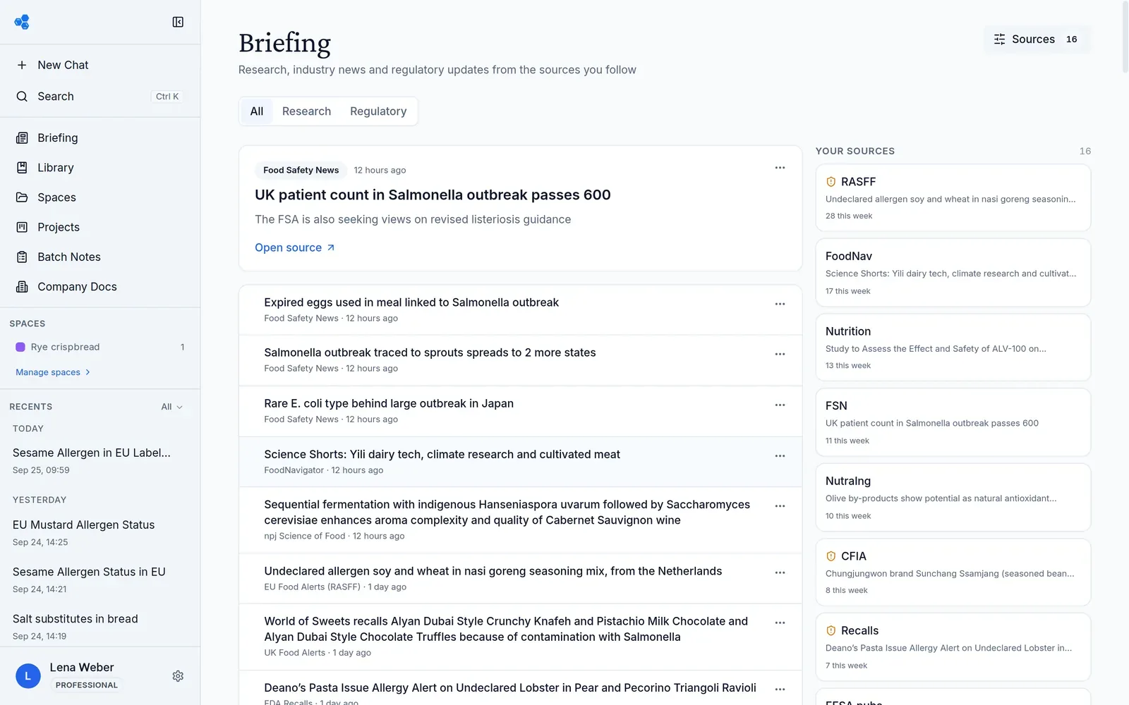 Alchemyst Briefing with research, regulatory and recall items, in light mode