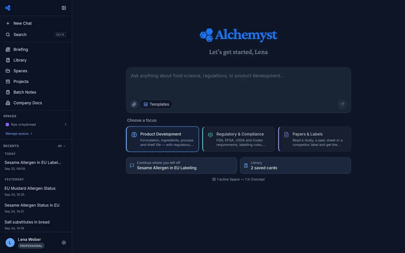 The same Alchemyst home screen in dark mode