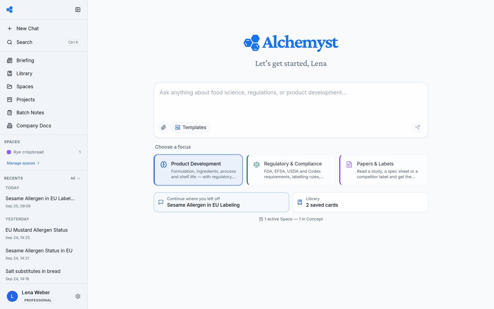 The redesigned Alchemyst home screen with the three focuses