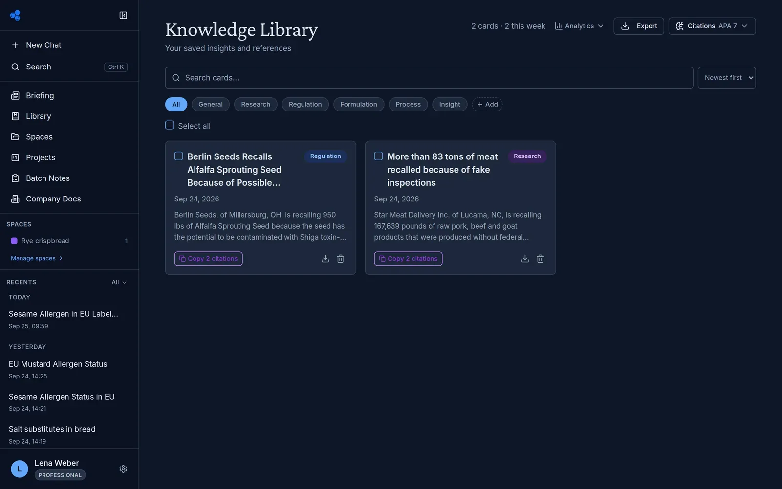 The Knowledge Library in dark mode