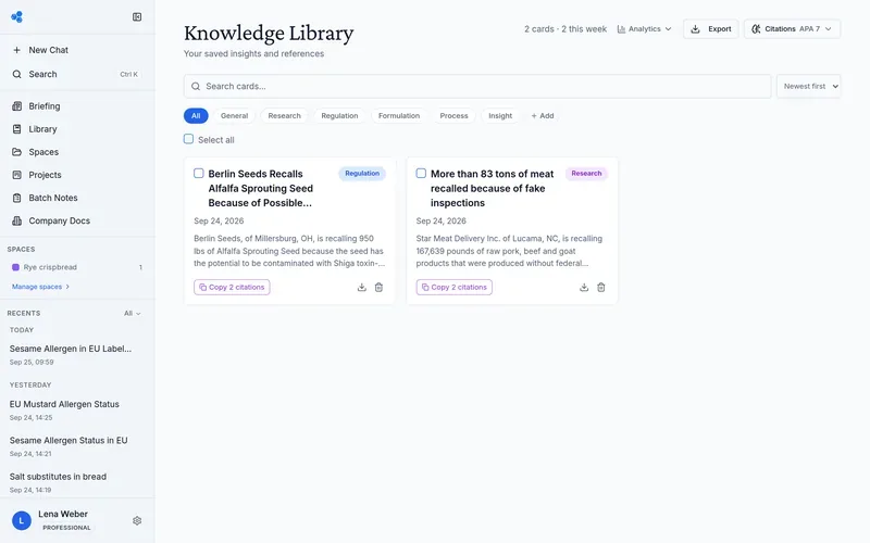 Knowledge Library with saved knowledge cards, category chips and the Citations menu