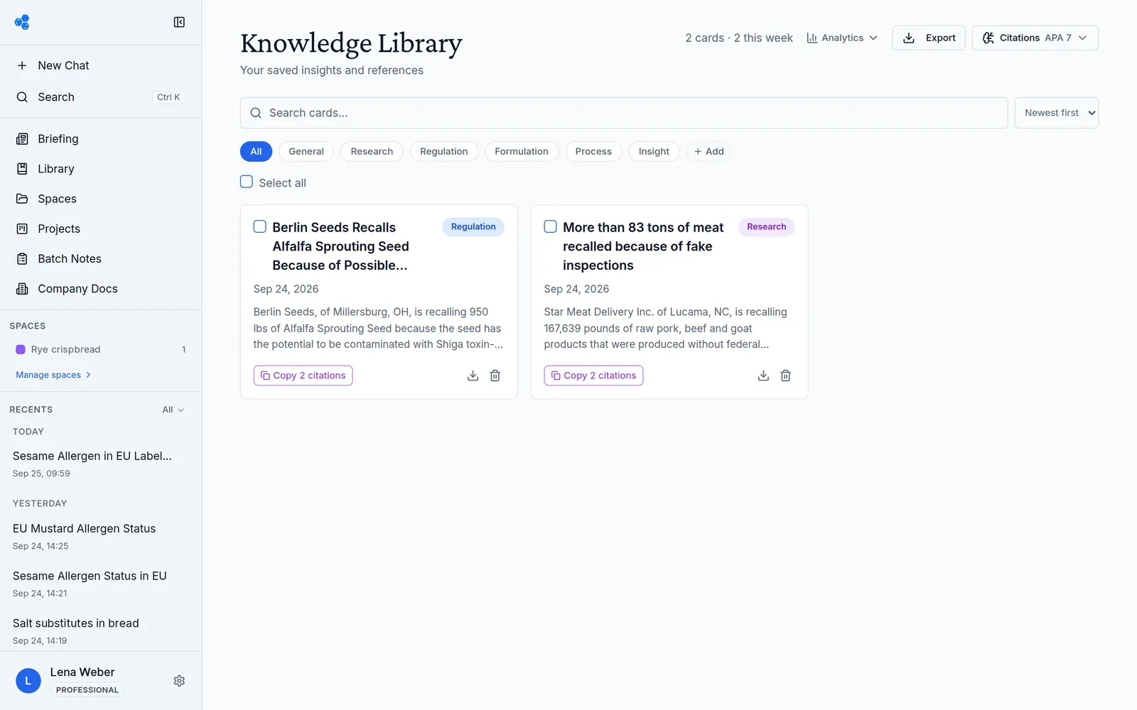 Alchemyst Knowledge Library with saved cards and citations, in light mode