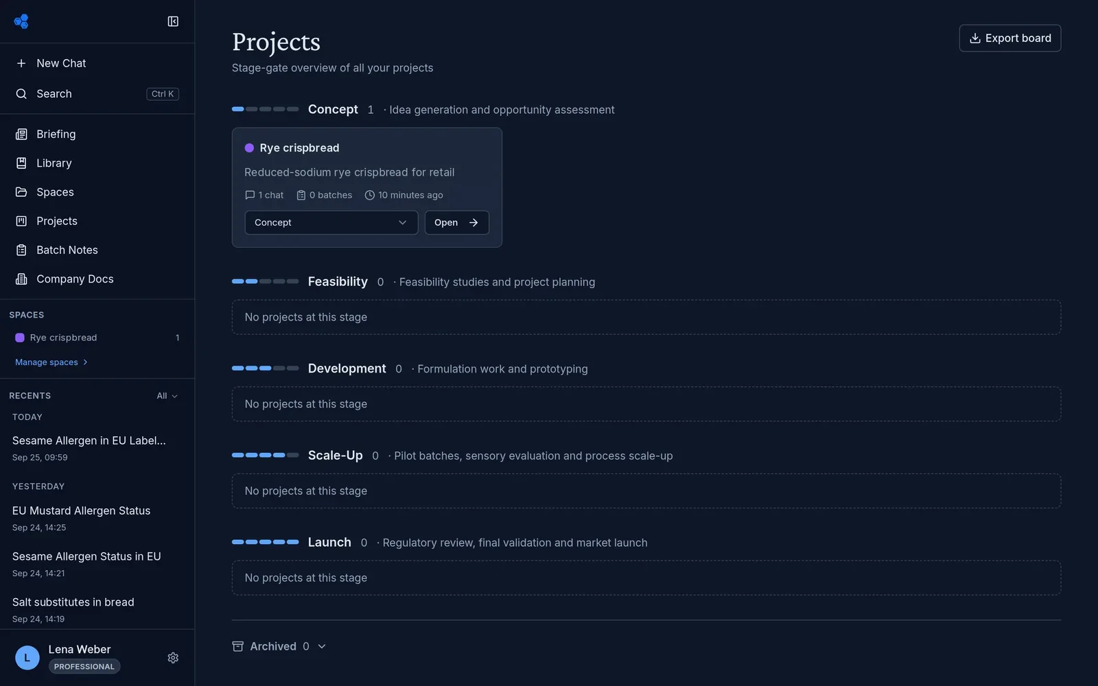 The Projects board in dark mode