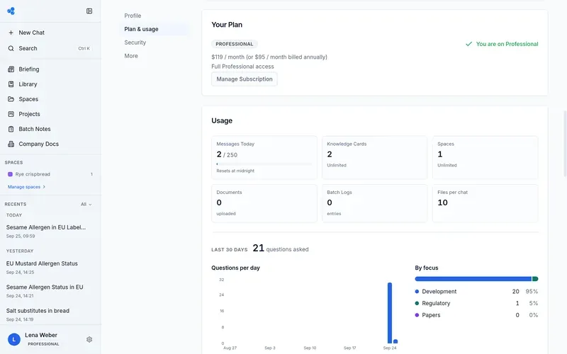 Settings, Plan and usage: questions per day and split by focus