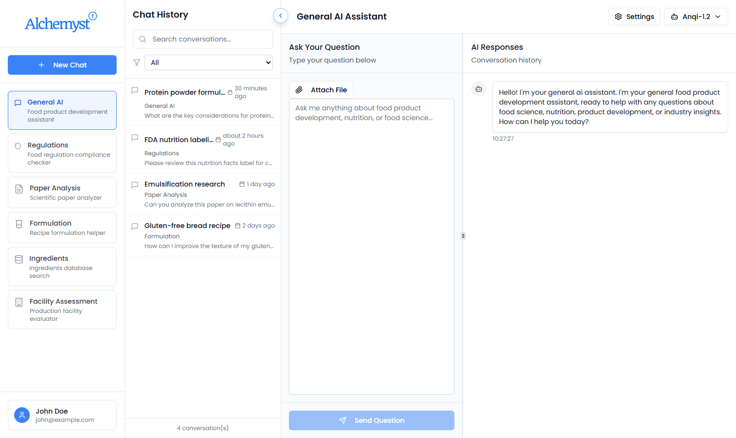 Alchemyst AI Assistant Interface - Laptop mockup showing the research platform with chat history, AI models, and conversation interface